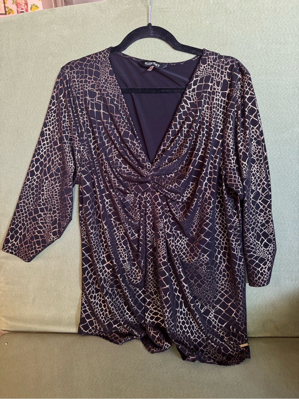 Ellen Tracy Black Blouse with Taupe Metallic Animal Print